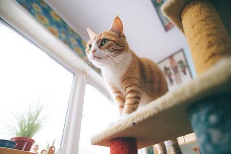 maine ascending the steps of a sturdy cat treeの素材
