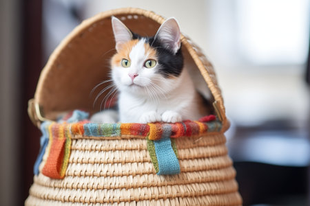 calico cat in a woven basket with lidの素材