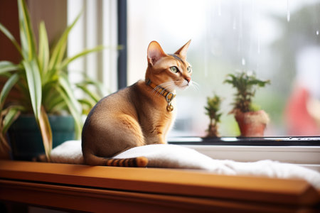abyssinian cat on a cushioned bay window seatの素材