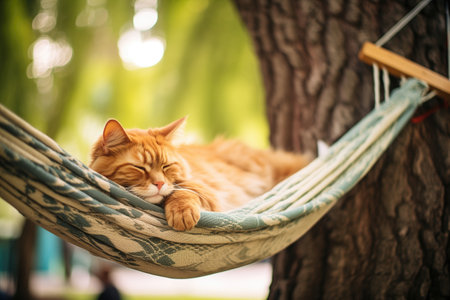 longhair cat dozing off in a hammock under a treeの素材
