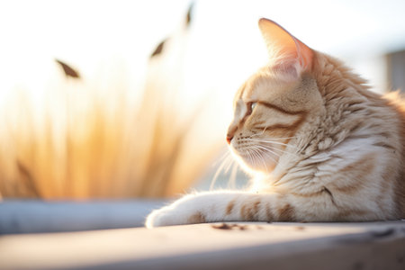 resting cat with fur illuminated by sunlight, birds in the distant skyの素材