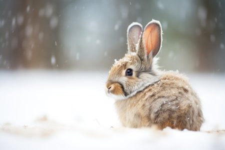 snowflakes on the furry back of a wild rabbitの素材