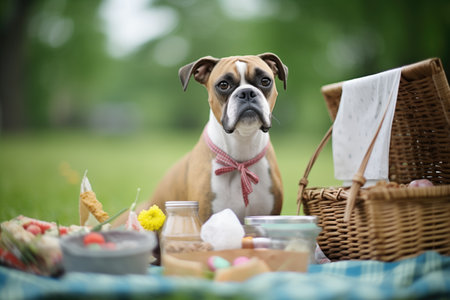 dog next to picnic basket with treatsの素材
