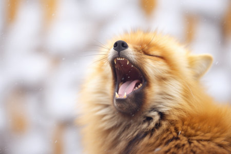 a yawning fox surrounded by snowflakesの素材