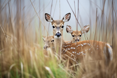 doe and fawns huddled together in chilly meadowの素材