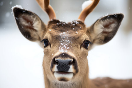 close-up of a deers face with snowflakes on furの素材