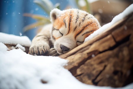 sleeping cub in a miniature snow denの素材