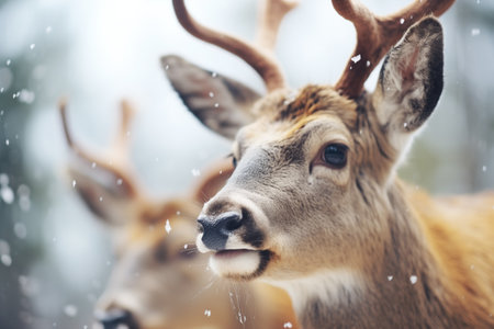 close-up of deer faces with frosty breathsの素材