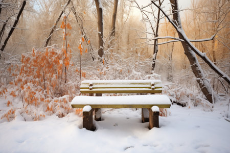 fresh snow piled on a woodland benchの素材