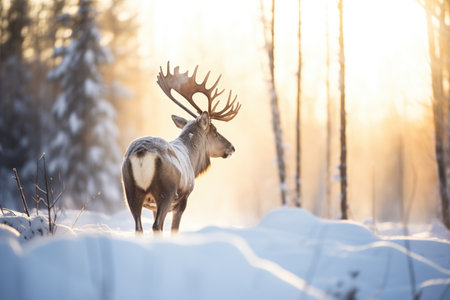 backlit moose with sun glinting off snowの素材