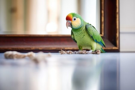 a green parakeet gazing at a full-length mirror on the floorの素材