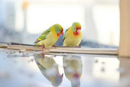 a pair of parakeets perched on a mirrors edge, looking at their reflectionsの素材