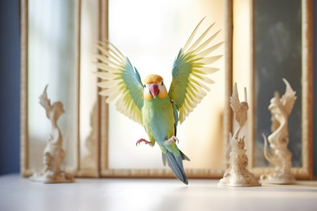 parakeet flapping wings in front of tall mirrorの素材