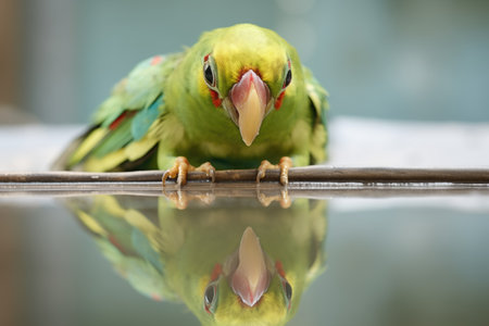 green parakeet pecking at own reflectionの素材