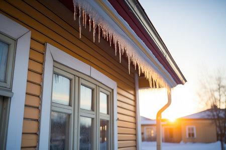 icicles backlit by the setting sun on a house eaveの素材
