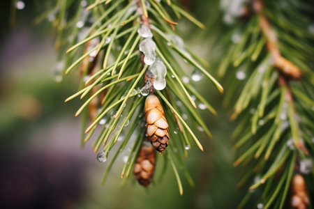 cluster of icicles on an evergreen bushの素材