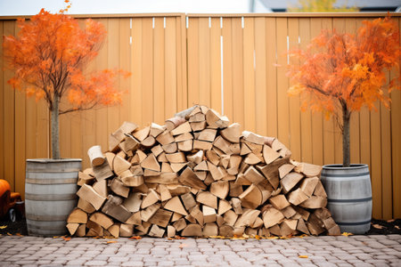firewood pile with autumn leaves scatteredの素材