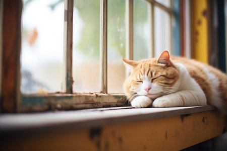 barn cat dozing on a window sillの素材