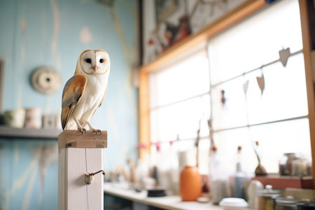 serene barn owl perched inside loftの素材
