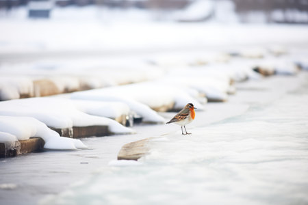 bird on ice edge, river flowing in backgroundの素材