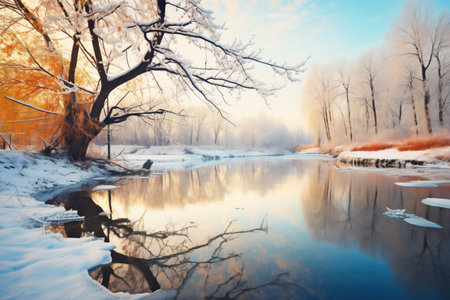 partially frozen river at sunrise, trees on banksの素材