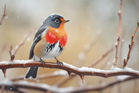 red-breasted robin contrasting with icy branch patternsの素材