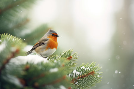 robin with a backdrop of snow-flurried pine needlesの素材