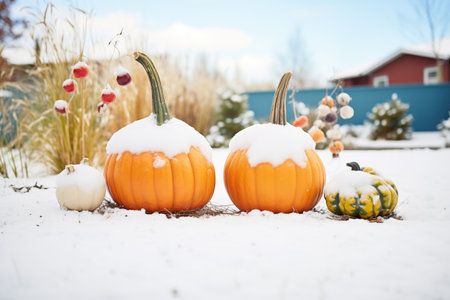 snow covered pumpkins in patchの素材