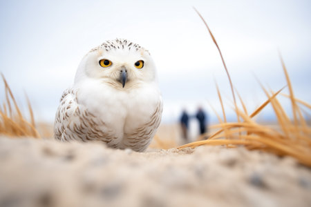 a solitary snowy owl glaring directly into the cameraの素材