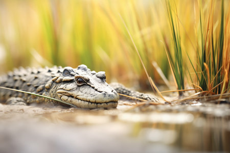 alligator crawling through marsh grassの素材