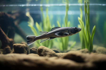black ghost knife fish lurking near tank floor foliageの素材