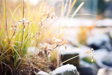 close-up of frosted plants beside the brookの素材