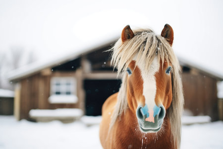 horse with frosted mane standing near a snowy barnの素材