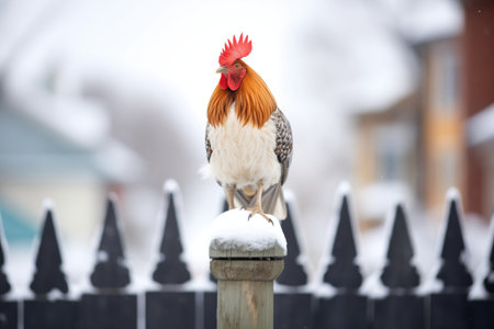 rooster perched atop a white, snow-laden fence postの素材