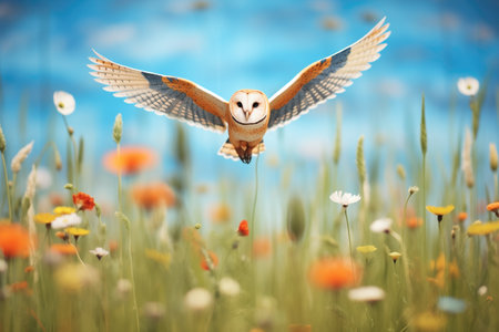 barn owl passing over a field of wildflowersの素材