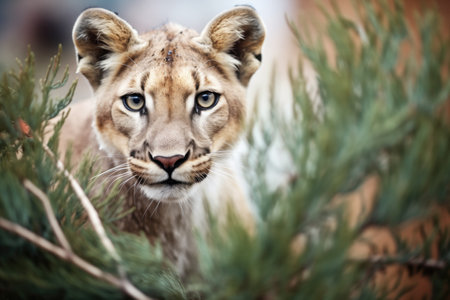 fierce mountain lion behind bushesの素材