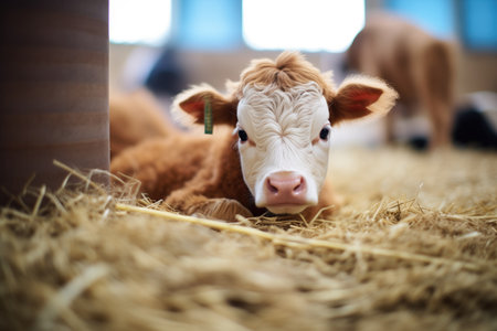fluffy calf lying on clean straw, looking at cameraの素材