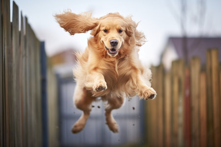golden retriever jumping over a wooden fenceの素材