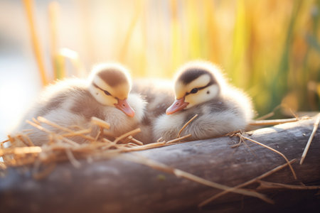 sleepy ducklings in morning sunlightの素材