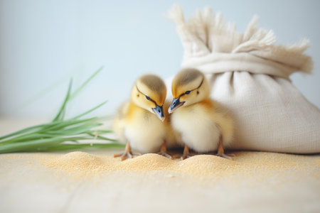 duckling pair by a spilled grain sackの素材