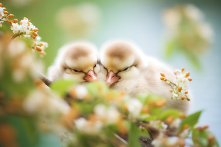 ducklings snoozing under a flowering bushの素材