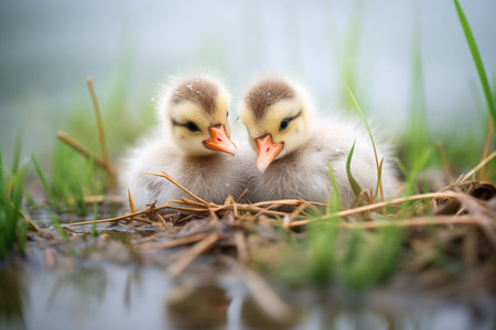 newly hatched ducklings in soft grass nestの素材