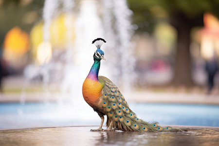 a peacock by fountain with iridescent tail displayedの素材