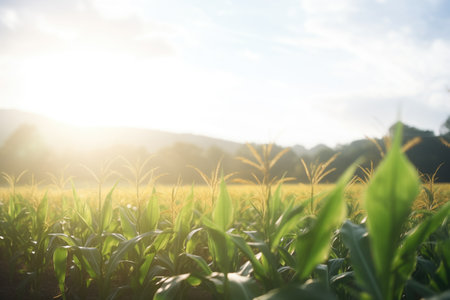 sunlight breaking over cornfield rowsの素材