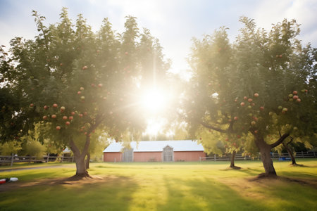 sun rays peeking through apple orchardの素材