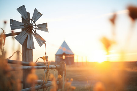 sun rising behind a rustic windmillの素材