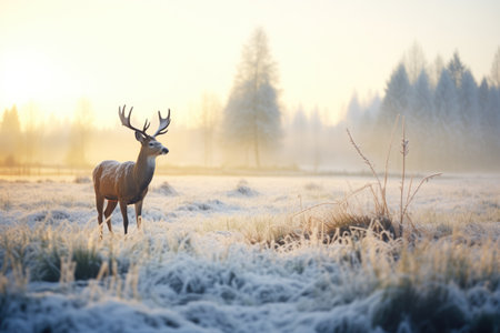 frost-covered elk in a snowy meadow at dawnの素材