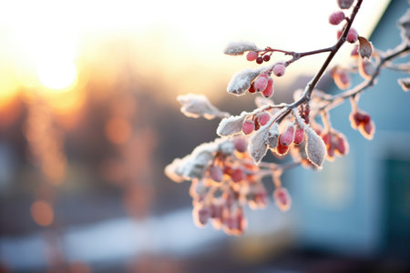 sparkling frost on a bunch of serviceberries at dawnの素材