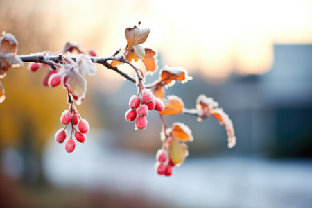sparkling frost on a bunch of serviceberries at dawnの素材
