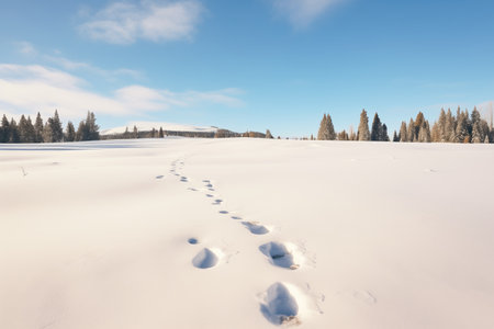 snowshoe prints across an untouched snowfieldの素材